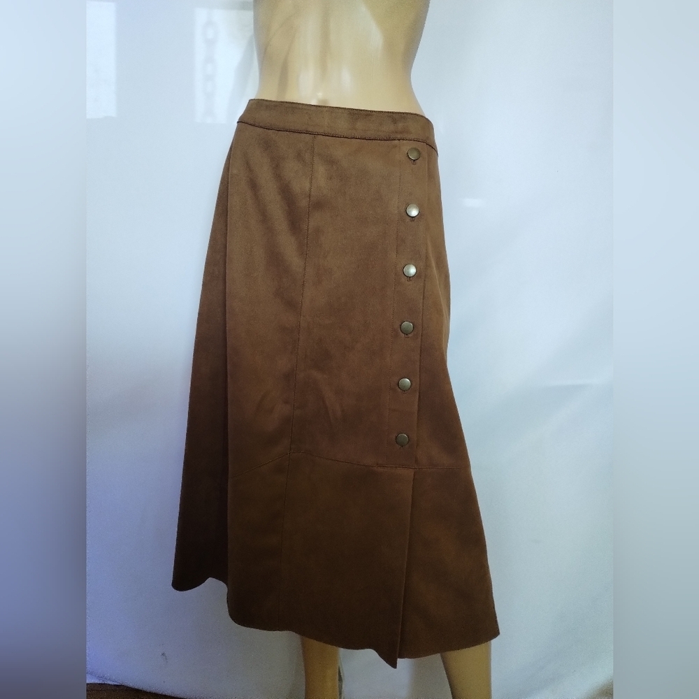 Vintage Brown Faux Suede Midi Skirt Snap Button Front A-Line Boho Western Fall